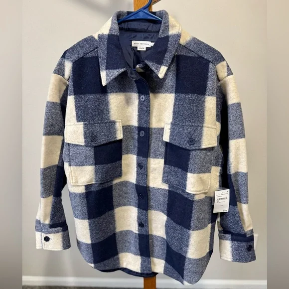 Good American Ink Blue and Cream Plaid Shacket Size XXS/XL Oversized NWT - Picture 2 of 6